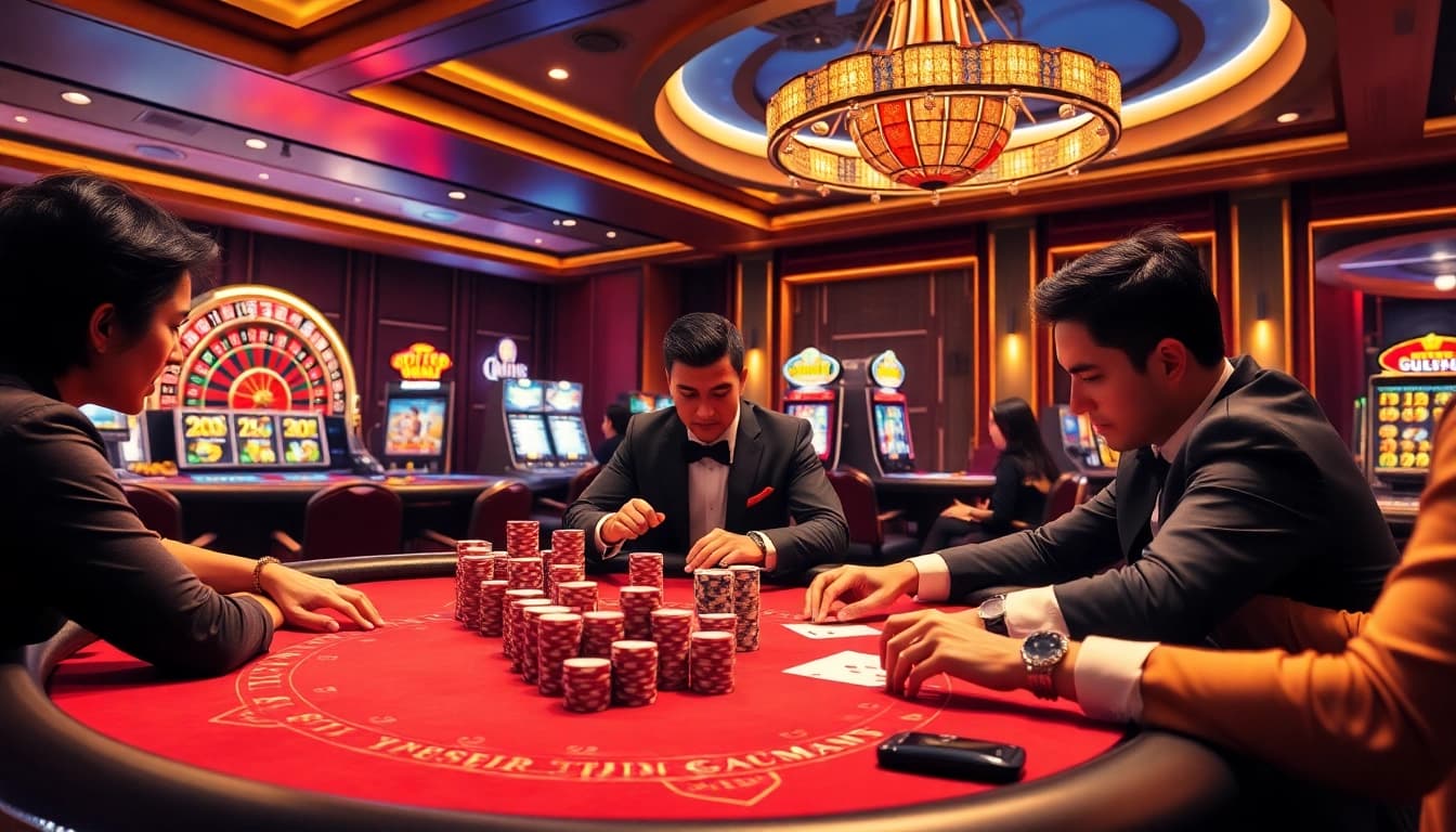 Players engaged on a QQ88 poker table surrounded by vibrant casino elements.