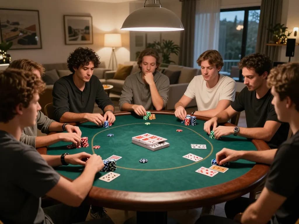 Players strategizing during a friendly poker game night at home with 98win9 poker chips on the table.