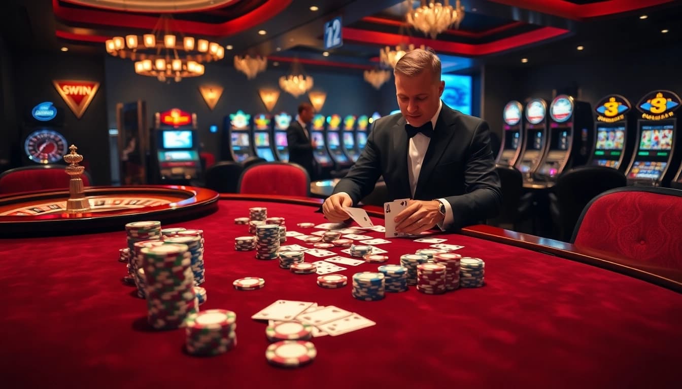 Gambler placing bets at a luxurious poker table in a vibrant casino setting - 32 WIN.