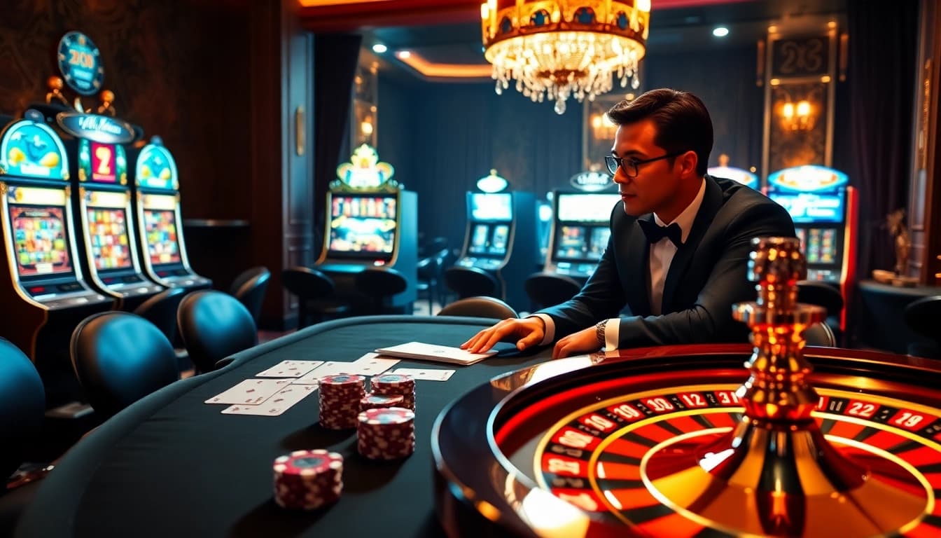 Experience thrilling gameplay at https://lu88bb.com/ with glamorous casino tables and vibrant slot machines.
