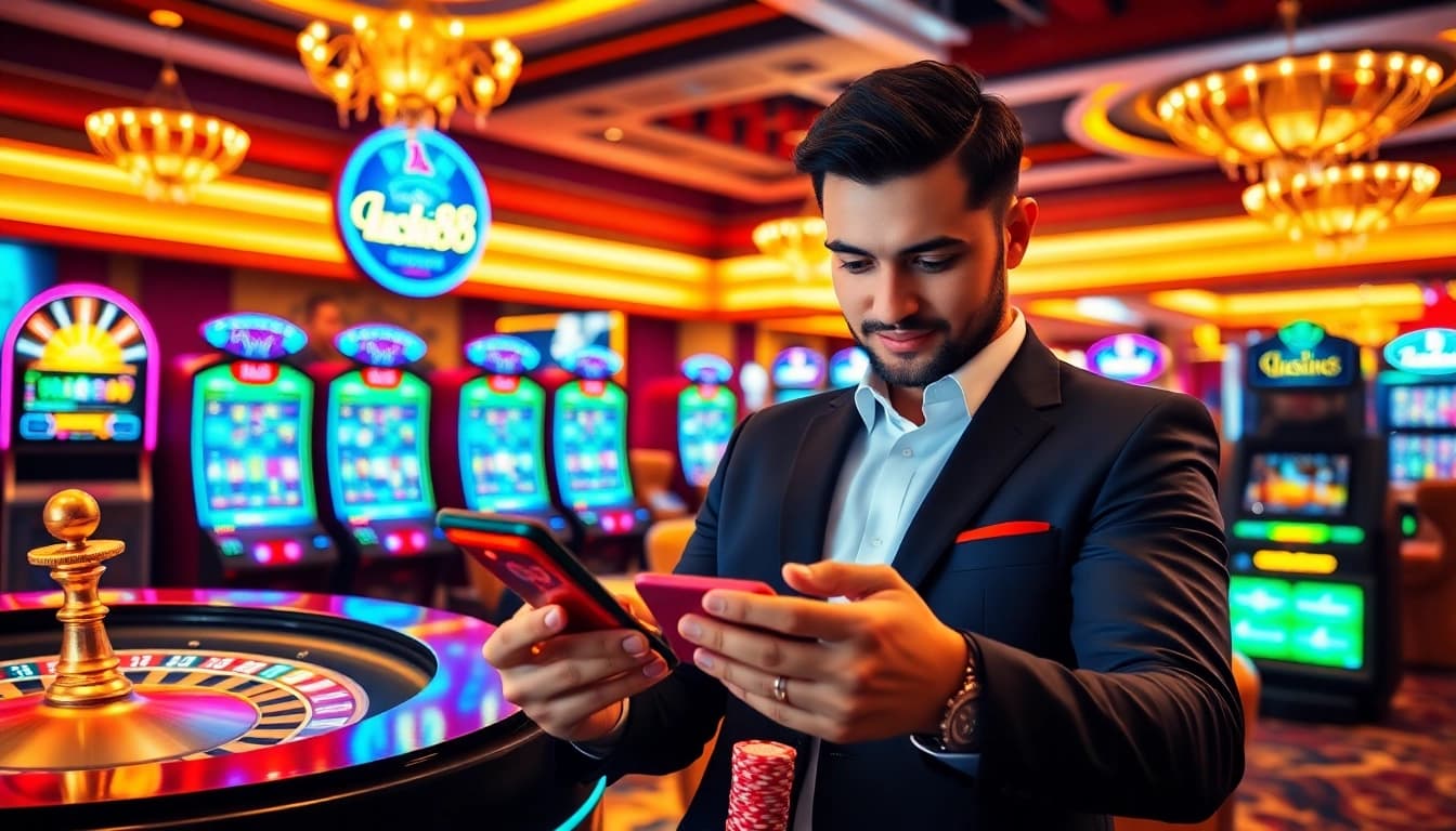 Player winning with the lucky88 app on a mobile device, surrounded by casino chips and games.