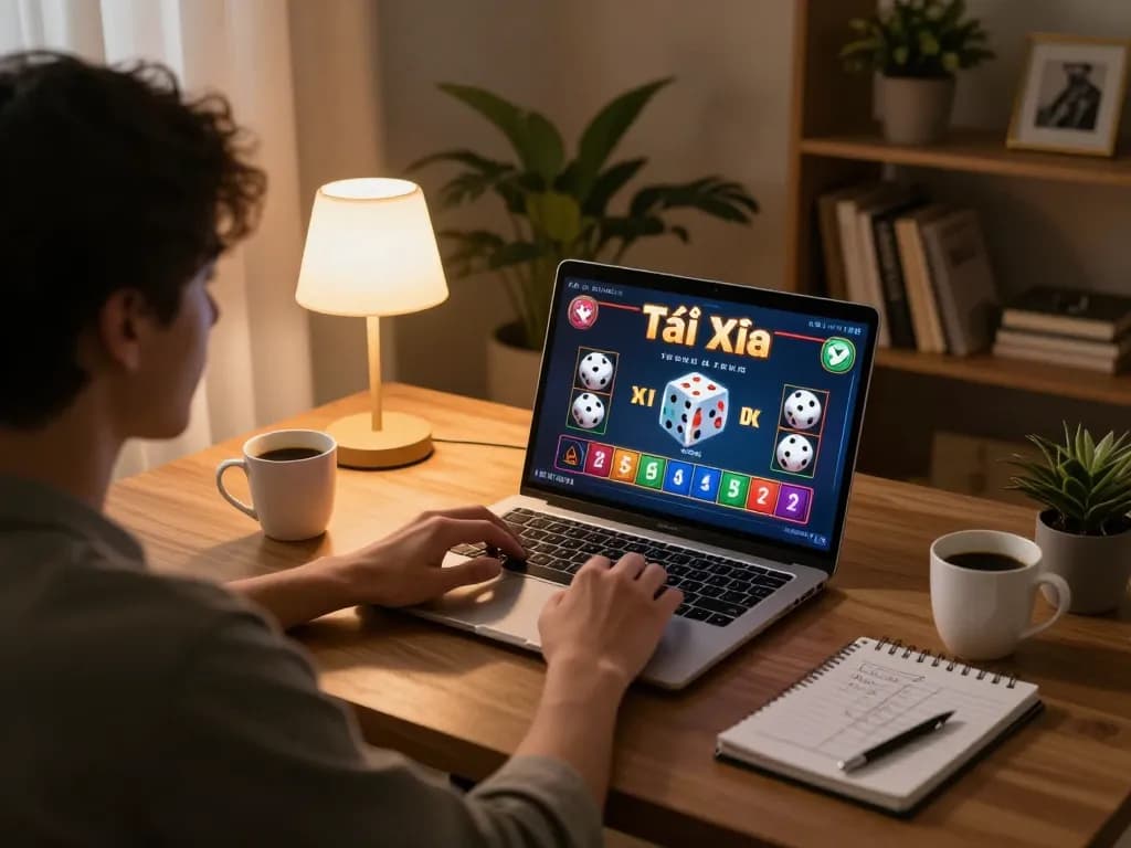 Player enjoying Tài Xỉu online with laptop and strategy notes in a cozy home setup