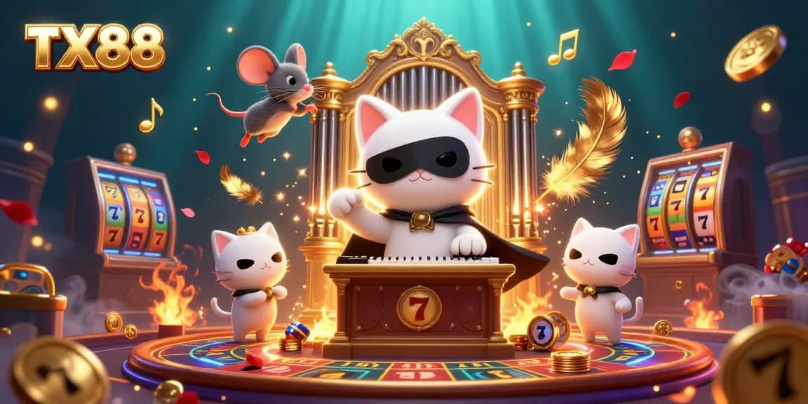 Experience casino excitement with TX88 as a dazzling cat organist performs amid floating gold coins and slot reels.