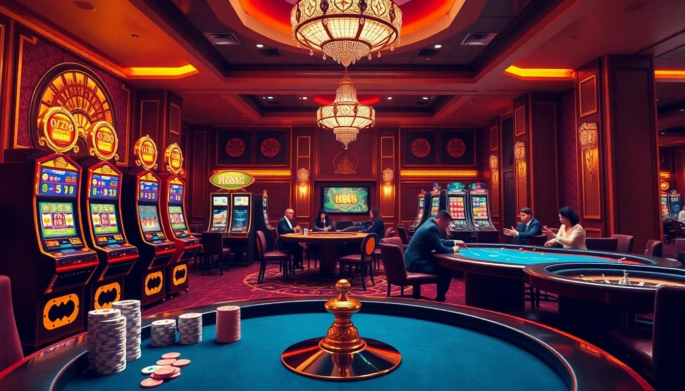 Experience the excitement of HZ88 online casino with vibrant tables and elegant gambling elements.