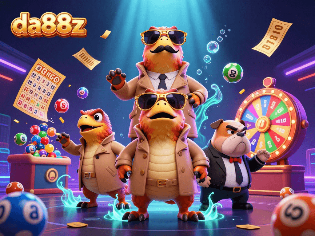 Experience da88z excitement with amusing cartoon raptors attempting to enter a casino lounge amidst dynamic gaming elements.