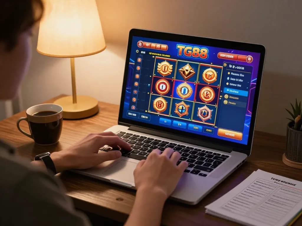 Engaging scene of a player enjoying TG88 online slots in a cozy setting, showcasing responsible gaming.