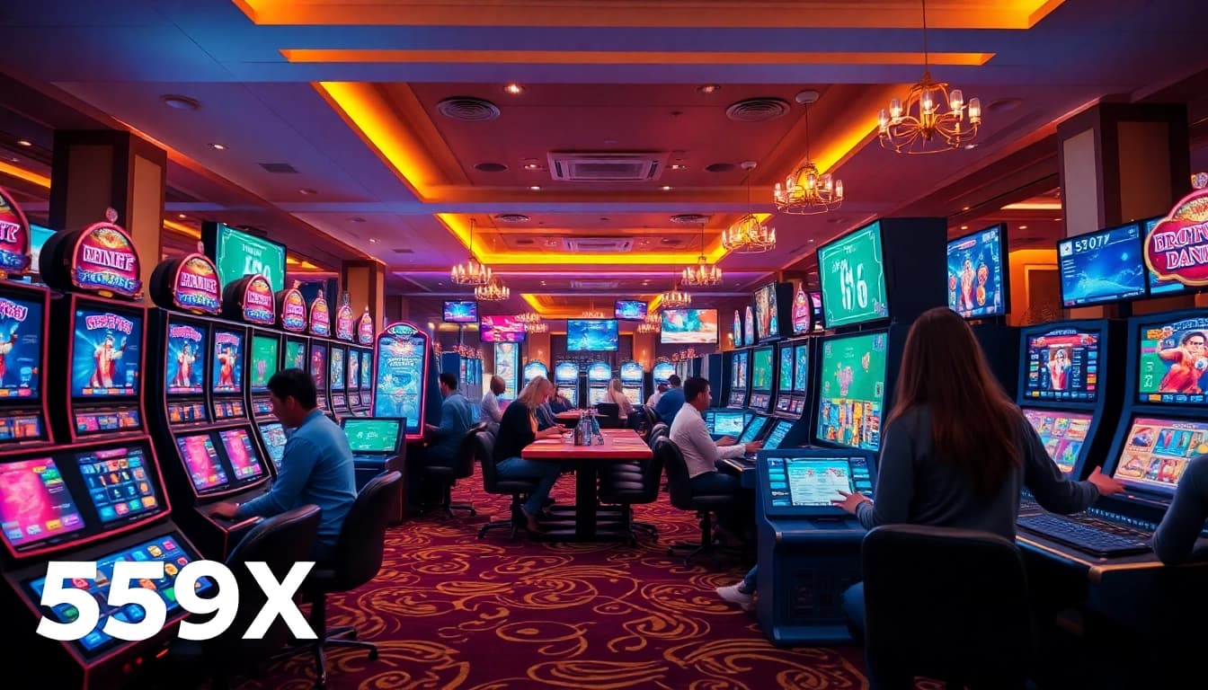 Engaging scene of players enjoying diverse games on the 559X online betting platform, showcasing excitement and modern technology.
