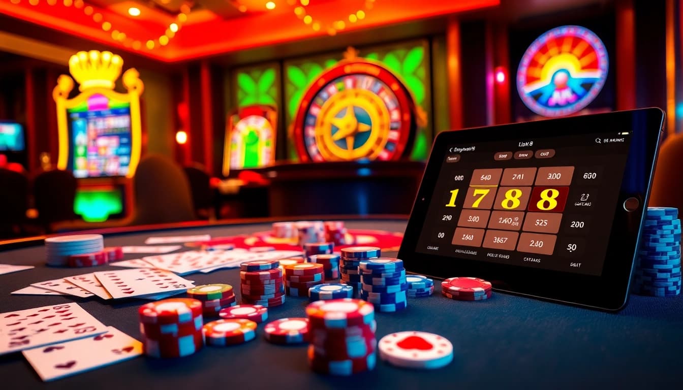 Action-packed casino scene with vibrant gambling elements and the nha cai luck8 online interface.