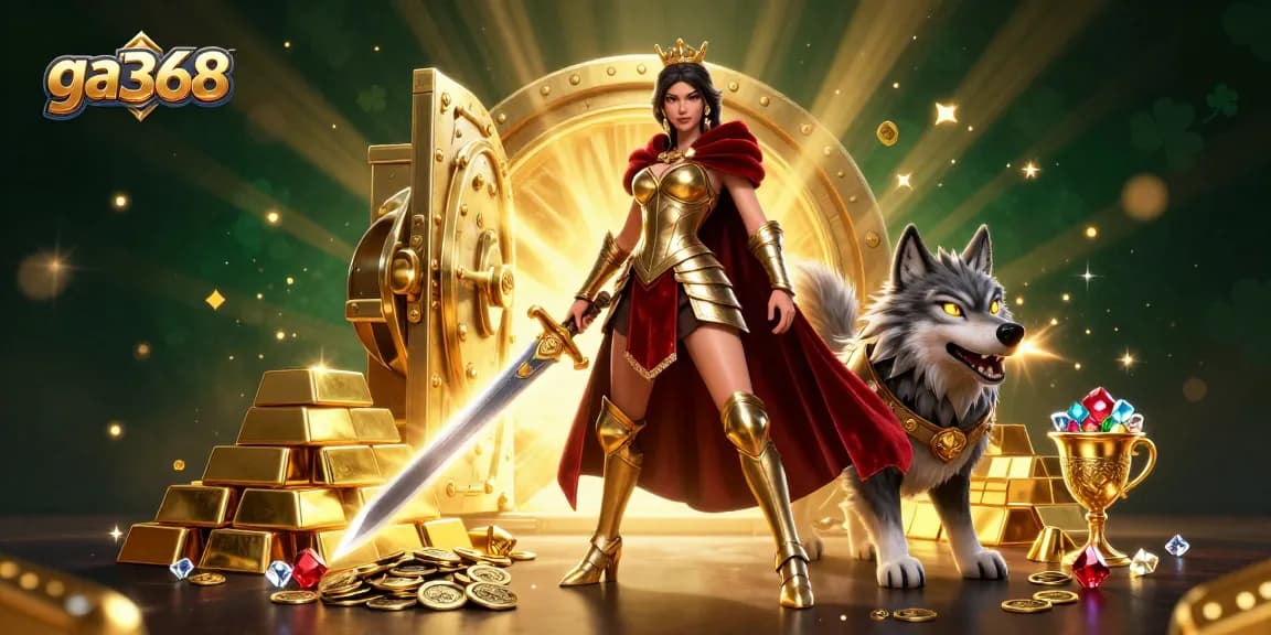 Experience the thrill of cockfighting with ga368 as a warrior queen holds her sword alongside a fierce armored wolf.