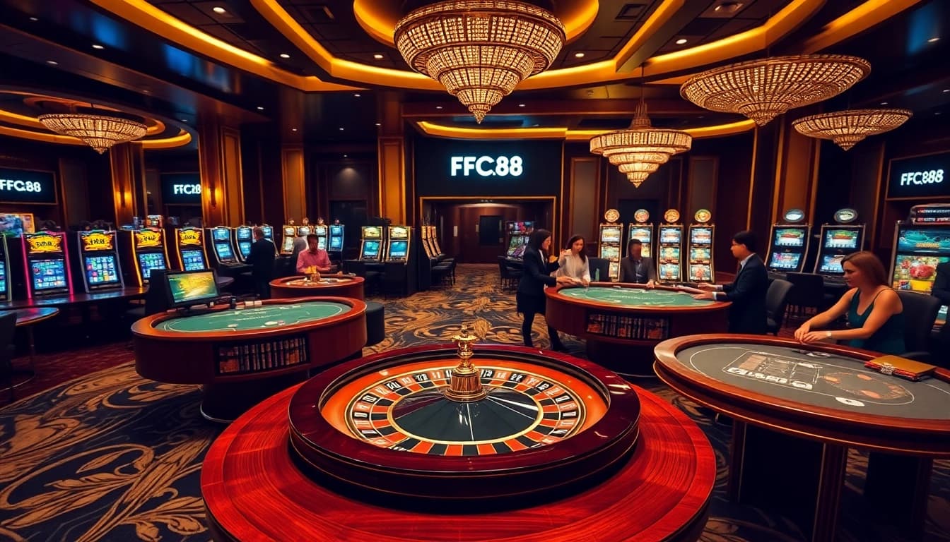 Players enjoying table games and slots at FC88 casino, showcasing excitement and luxury in gambling.