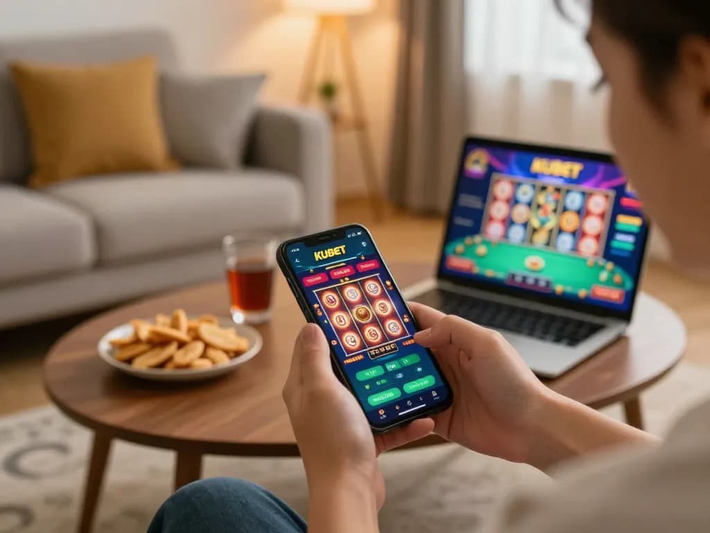Kubet app in action, showing vibrant slot game interface on smartphone with a relaxed at-home ambience.
