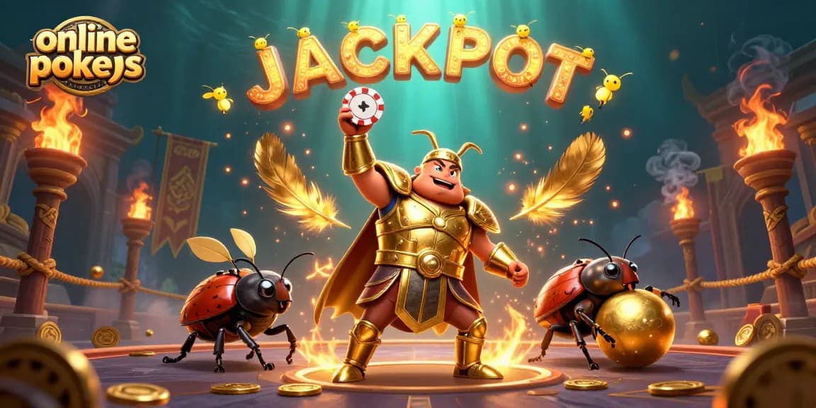 Engage with thrilling online pokies as a heroic beetle celebrates a jackpot victory, dynamic casino scene.