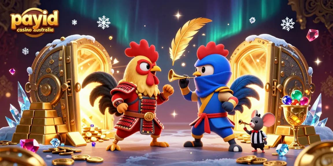 Join the payid casino australia battle as roosters, adorned in armor, compete in a treasure-filled arena.