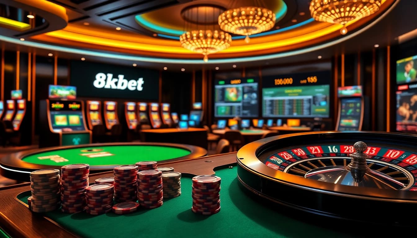 8kbet showcasing strategic live dealer blackjack and dynamic slot game play in a luxurious casino setting