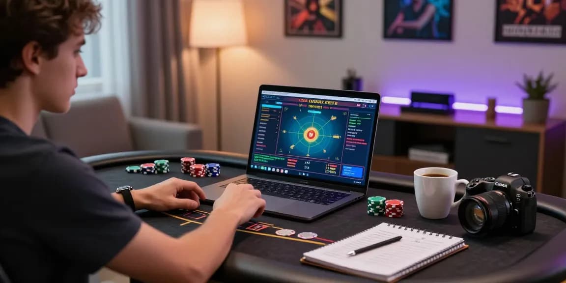 Player enjoying บาคาร่าออนไลน์ in a modern home office, surrounded by gaming elements and vibrant lighting.