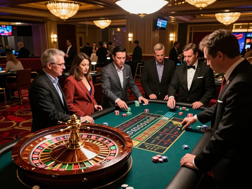Kong88 players engaged around a roulette table, chips stacked as they place bets in an elegant casino atmosphere.