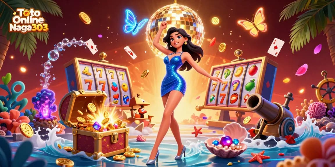 Toto Online Naga303 brings vibrant energy to this exciting illustration of a glamorous player surrounded by casino elements.