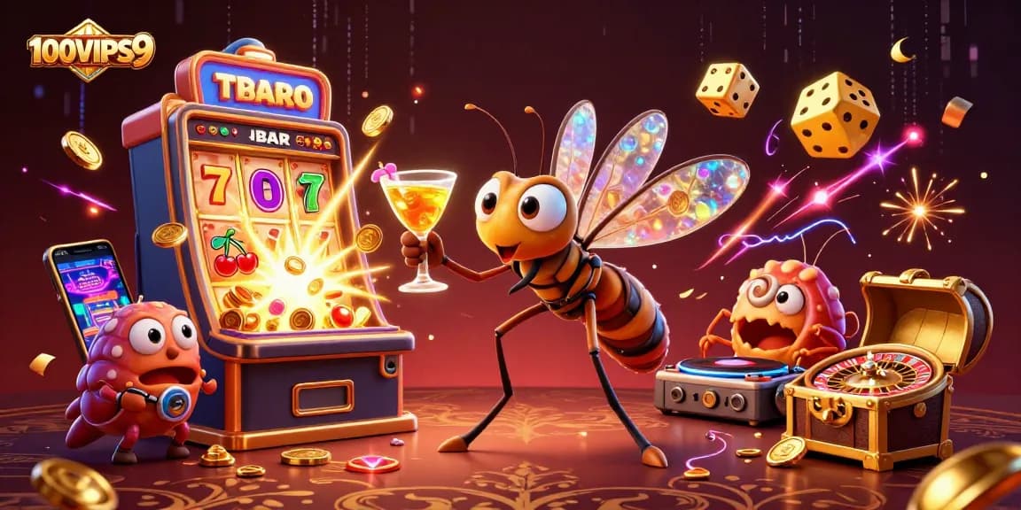 Bet on excitement with 100VIPS9's vibrant casino scene featuring animated characters and dynamic gambling elements.