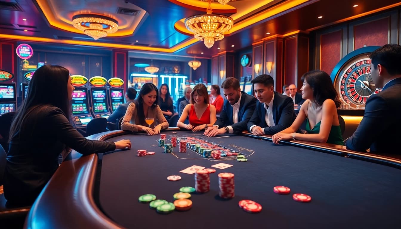 Players experiencing thrilling poker action at MM88's luxurious casino table.
