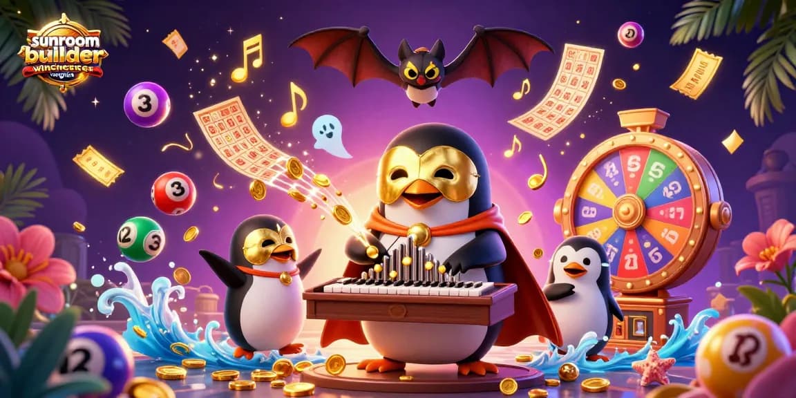 Engaging scene with a cartoon penguin playing a pipe organ surrounded by vibrant lottery elements in a sunroom builder winchester virginia theme.