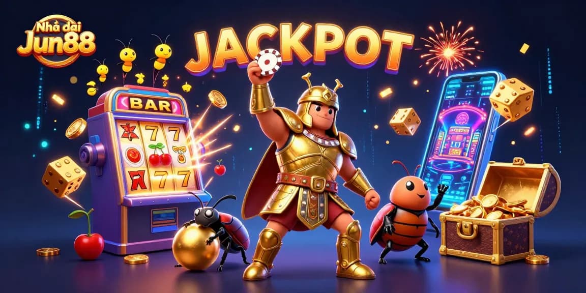 Experience the thrill with Nhà cái Jun88 as cartoon beetles celebrate a jackpot in a vibrant casino scene.