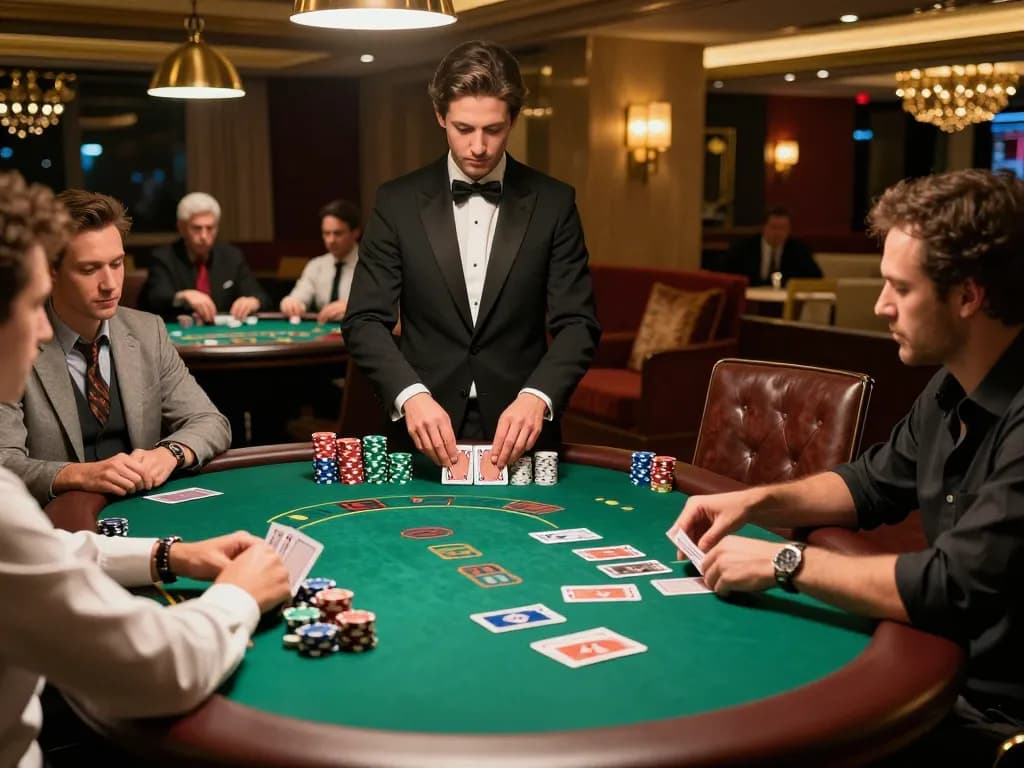 Engaged players study their cards at a C202 blackjack table in a luxurious casino environment