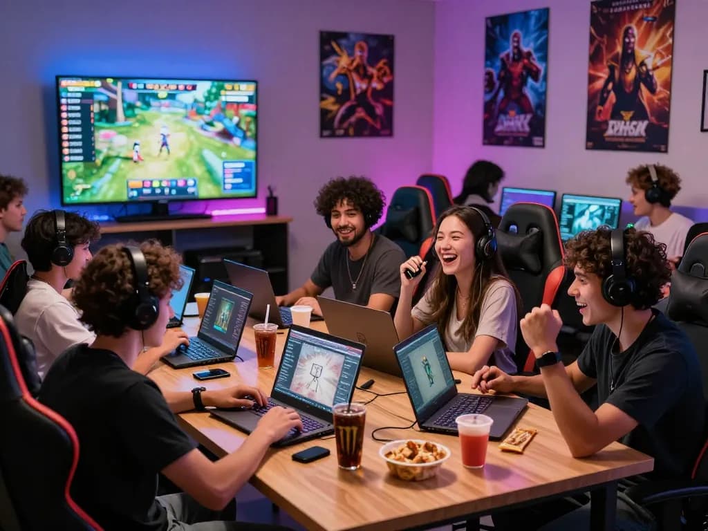 Friends engaged in multiplayer gaming at go88 lounge, vibrant atmosphere with snacks and devices.