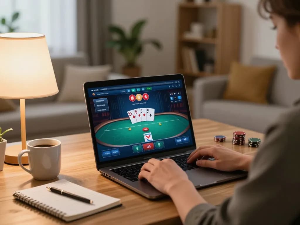 Kuwin online gaming experience showing a player engaged with poker on laptop while managing strategies.