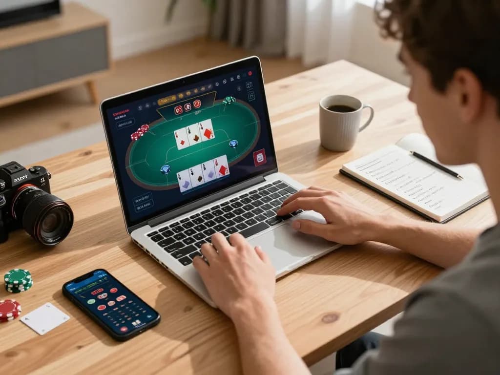 Player strategizing poker on webnk88 in a cozy home setup with modern decor.