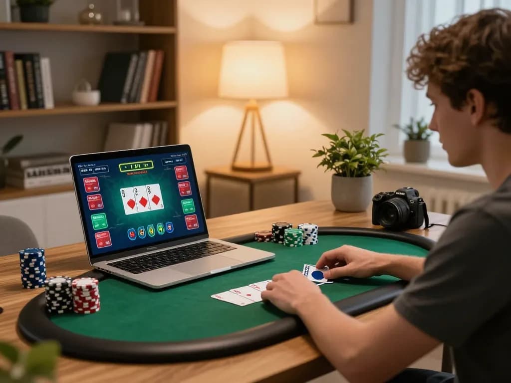 Player enjoying FABET poker game on laptop at home desk, cozy atmosphere enhances strategic gameplay