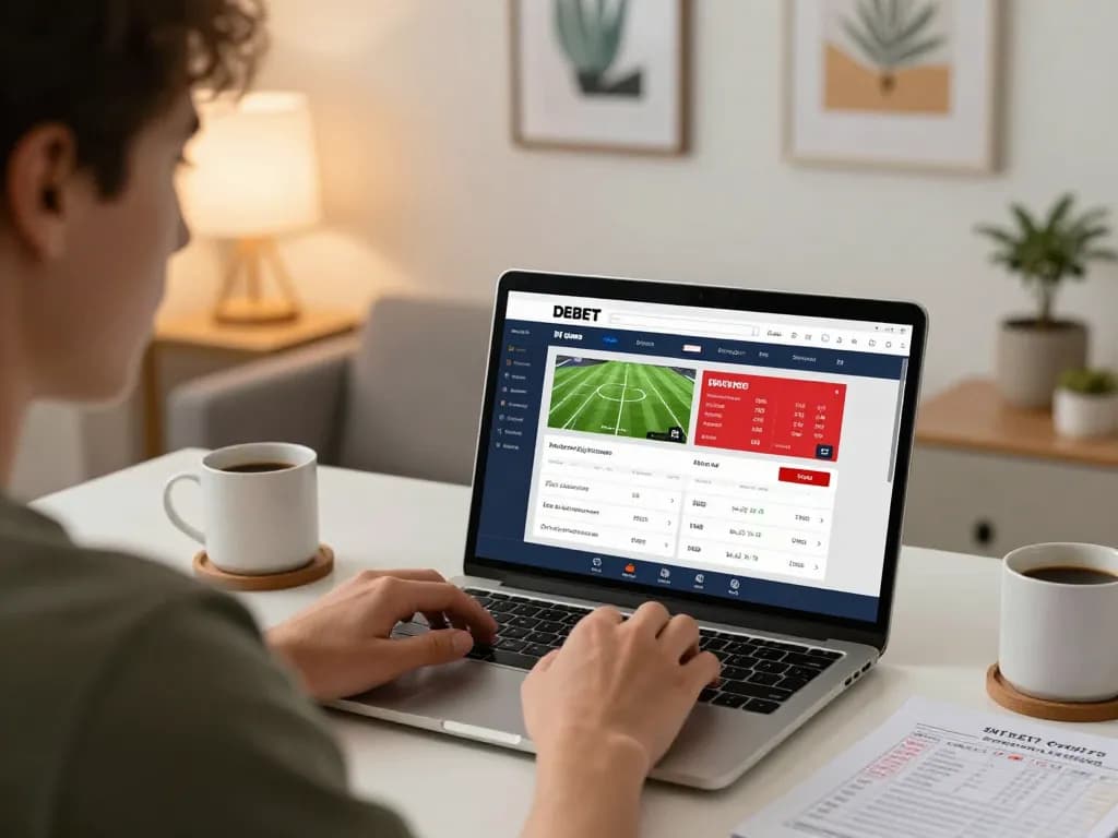 Betting on DEBET platform with live sports odds displayed on a laptop at home, enhancing engagement and strategic focus.