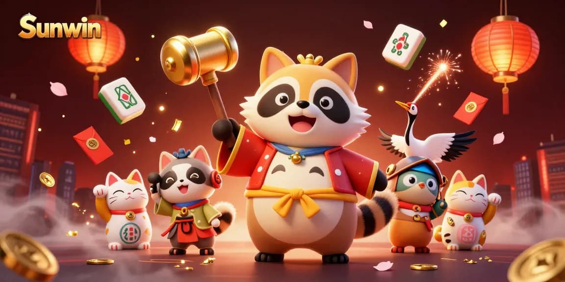 Experience the excitement of Sunwin with a cheerful tanuki, lanterns, and lucky symbols in this vibrant casino scene.