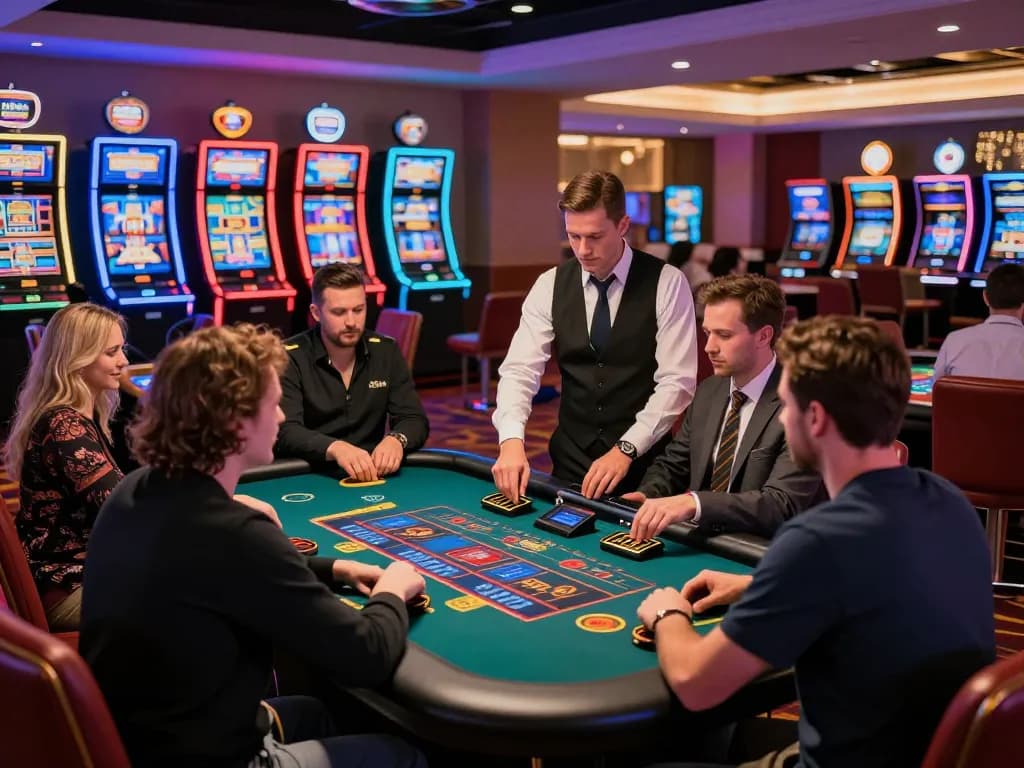 Exciting casino gaming scene showcasing five88's vibrant atmosphere filled with players and dealers.