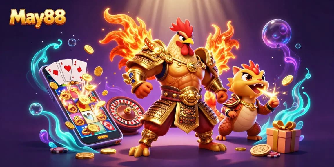 Engage with May88's thrilling slots featuring a rooster warrior, dragon, and casino elements.