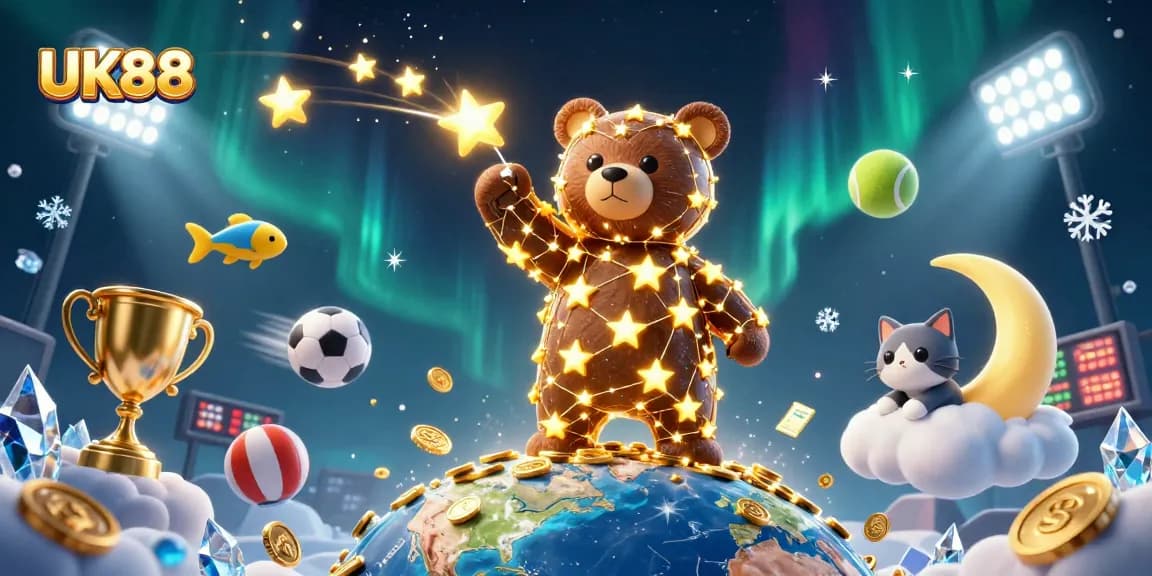 Engage with UK88's vibrant sports betting scene featuring dynamic game elements and playful characters.