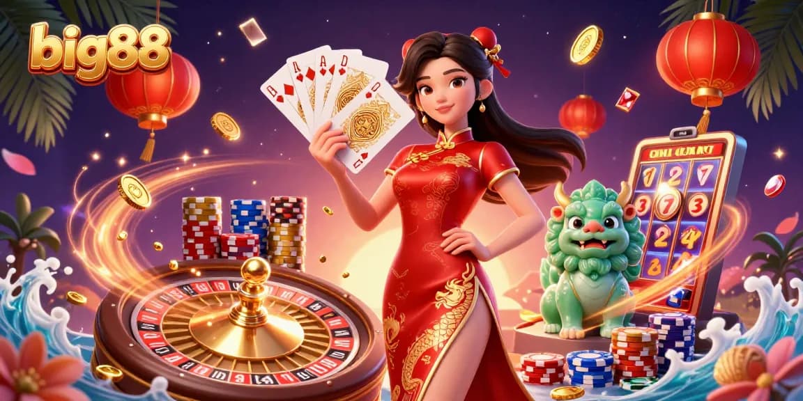 Experience big88 with the dazzling woman and jade lion amidst a vibrant casino scene.