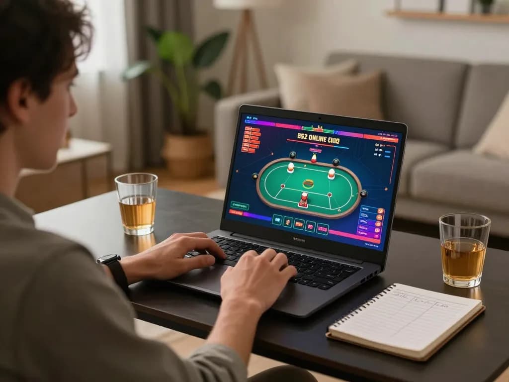 B52 online gaming setup with player engaged in dynamic poker gameplay, cozy home environment