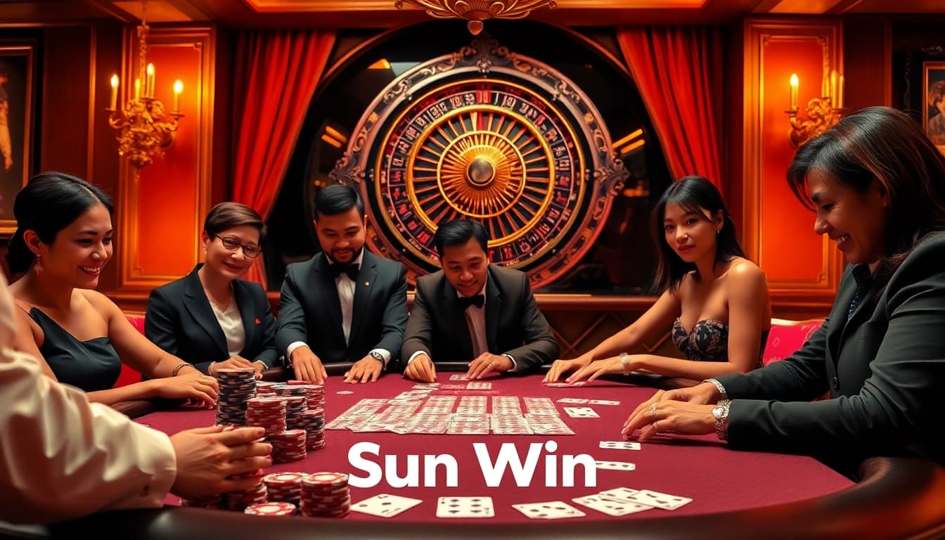 Players immersed in a thrilling poker game at Sun Win casino, showcasing vibrant chips and cards.
