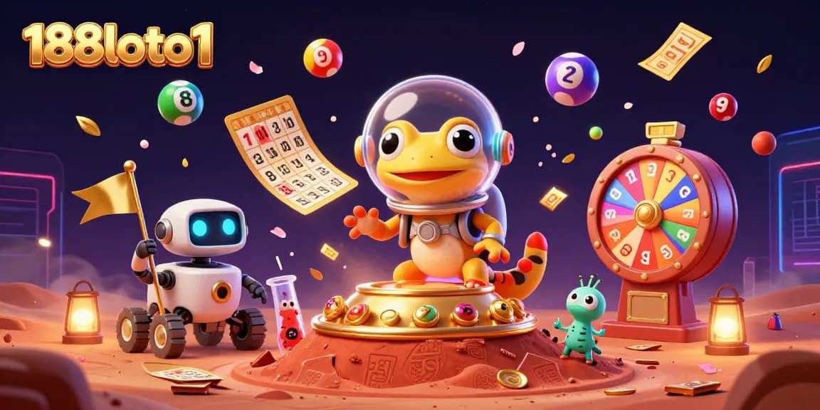 188loto1 Martian gecko explores a golden casino scene with vibrant gambling elements.