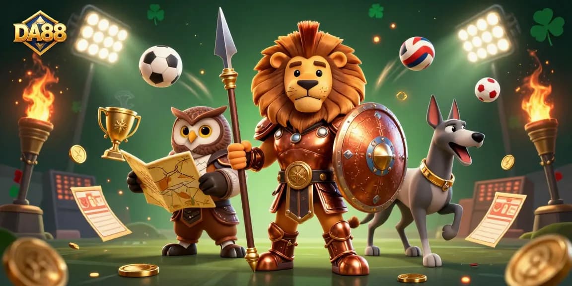 Experience DA88 with a vibrant sports betting scene featuring a lion, owl, and greyhound.