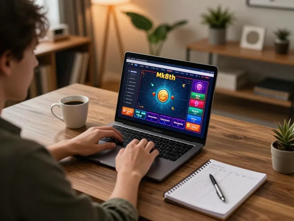 Engaged player explores mk8th casino games on a laptop, showcasing strategic betting.