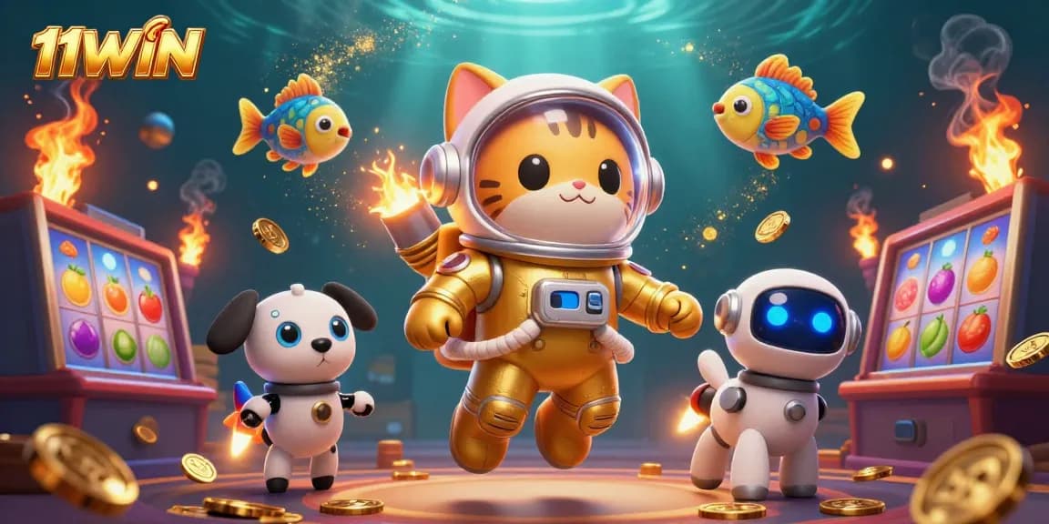 Spin the reels at 11WIN with a vibrant 3D casino scene featuring space-themed characters.