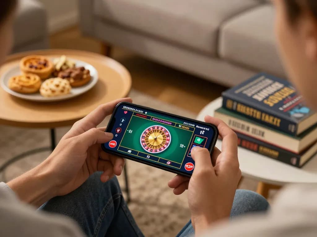 Engaged in mobile casino 23win gaming, a player strategizes over a roulette game on their smartphone.