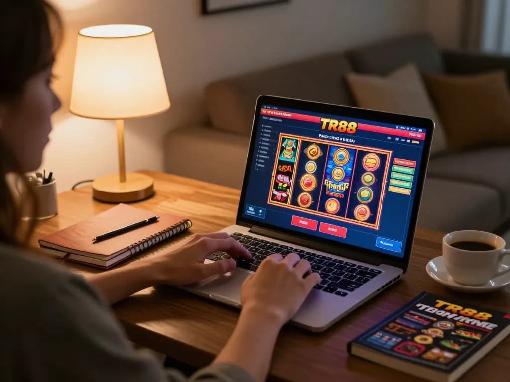 Engaging in online gaming at home with TR88 platform.