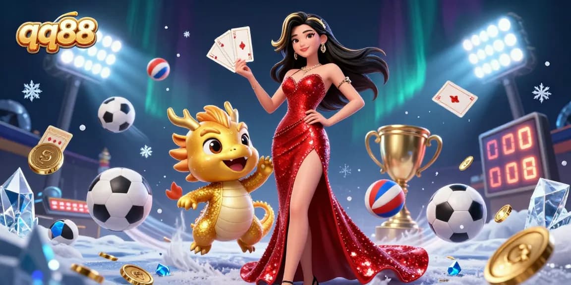 Engage with qq88's exciting casino scene featuring a confident woman and a playful dragon.