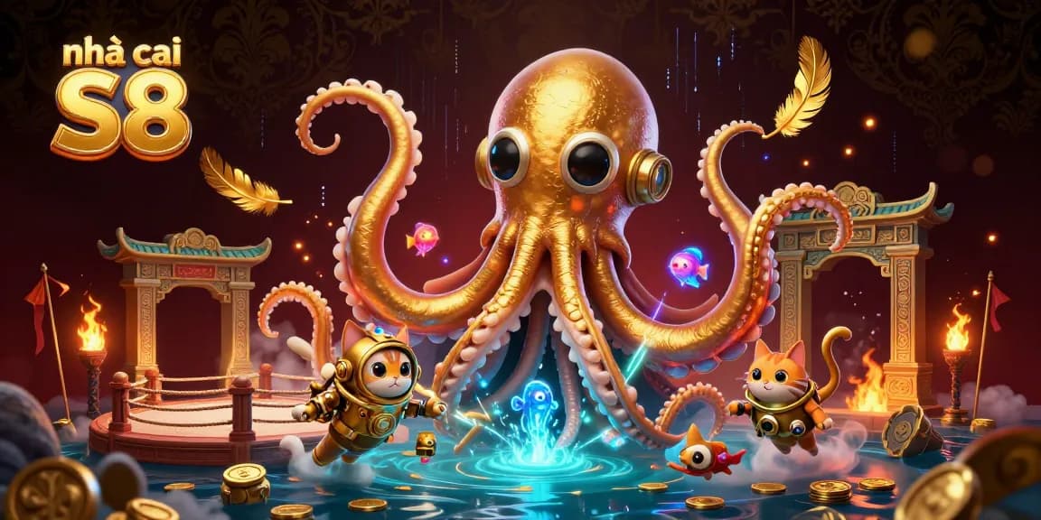 Experience action and excitement at nhà cái S8 with a vivid sea adventure featuring a kraken and diving cat.