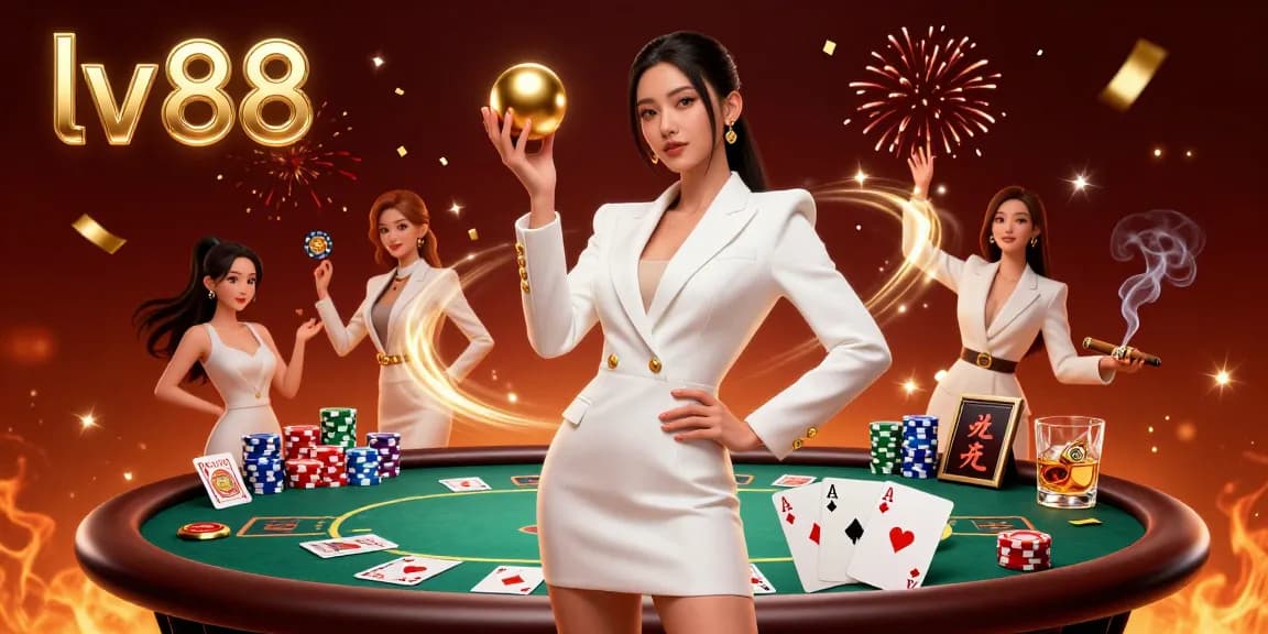 Experience thrilling gameplay at lv 88 with a photorealistic Asian woman presenting golden casino elements amidst vibrant poker graphics.
