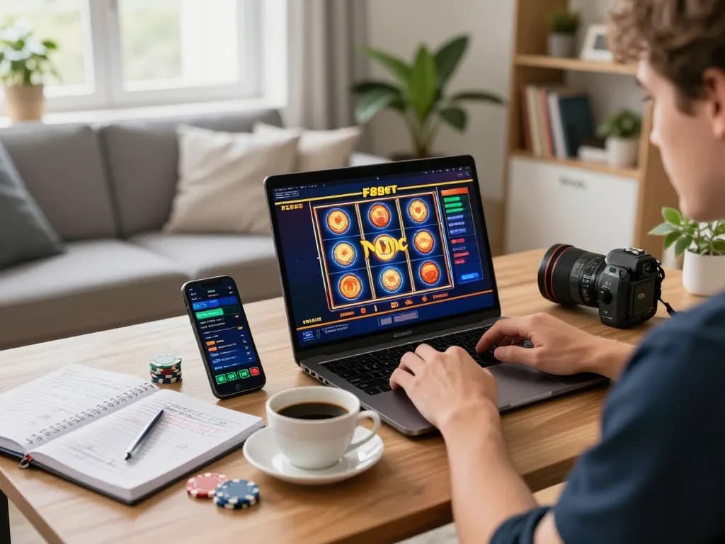 Engaged player enjoying F8bet casino gameplay on a laptop in a cozy home setting
