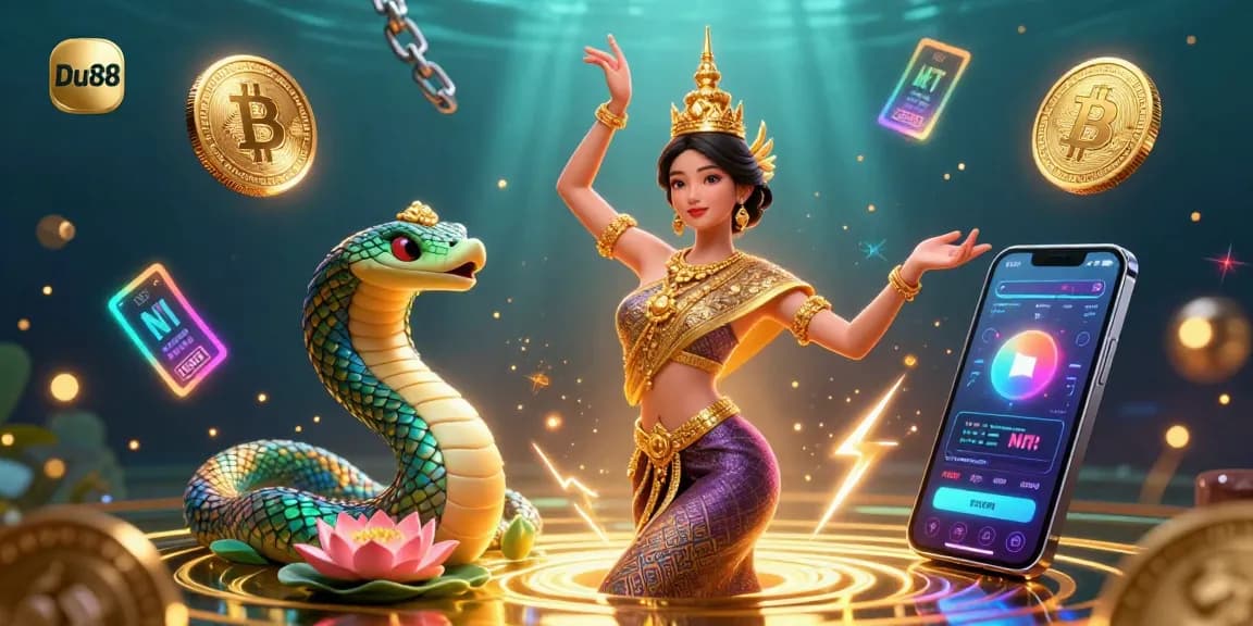 Experience Du88's vibrant casino action in a stunning 3D illustration featuring Asian elegance and crypto elements.