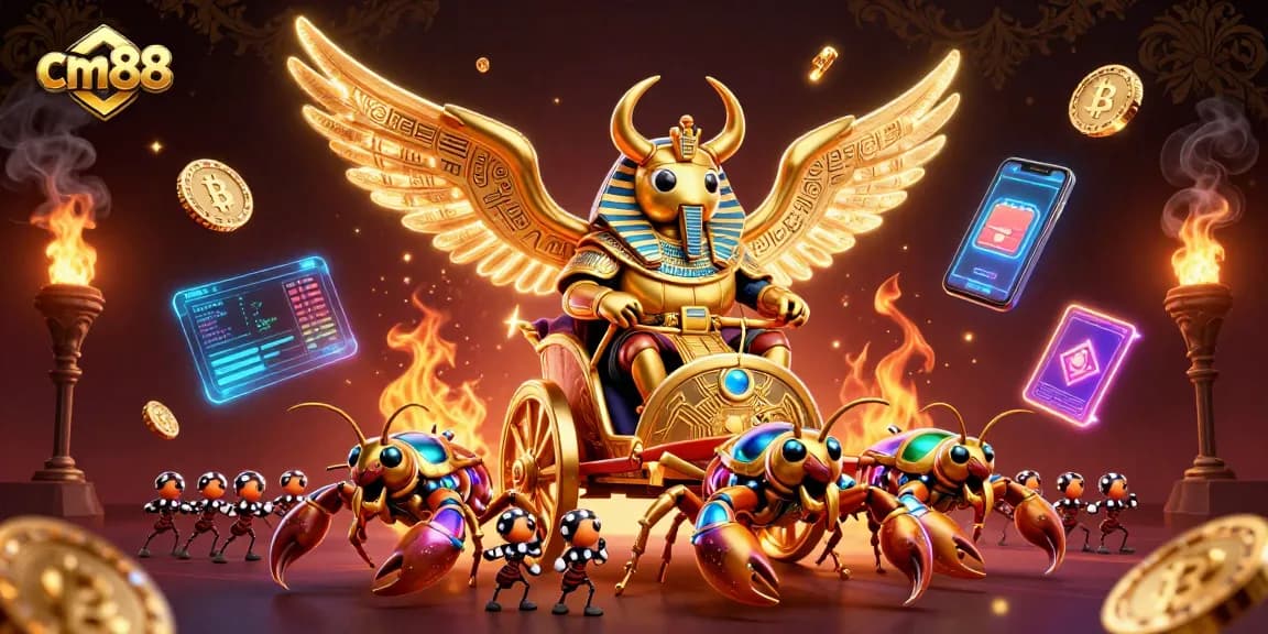 Experience thrilling cm88 gaming with a golden scarab, scorpions, and vibrant crypto elements.